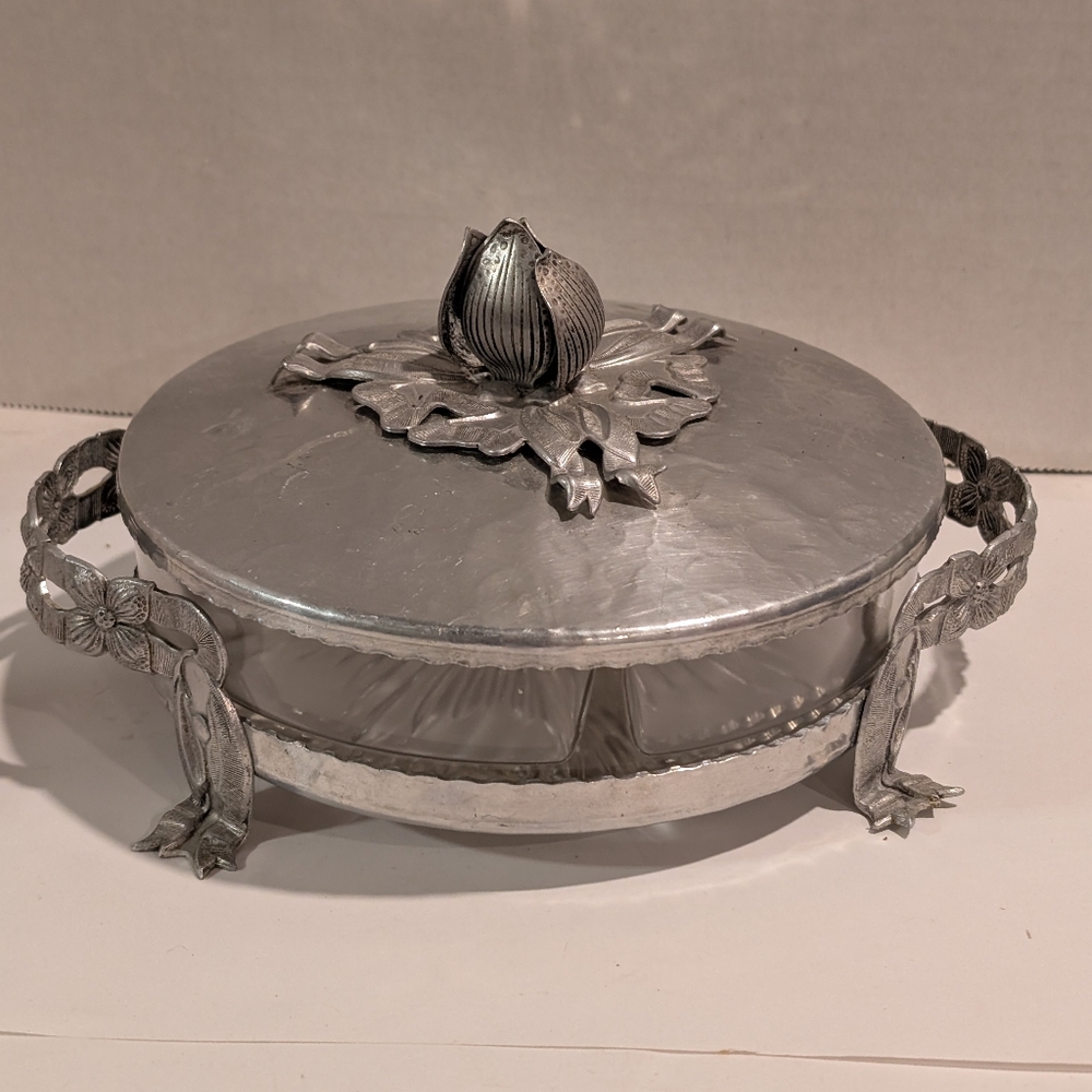 Vintage Floral Tulip 3 Section Relish Condiment Lidded 3 Piece Metal Glass Dish
